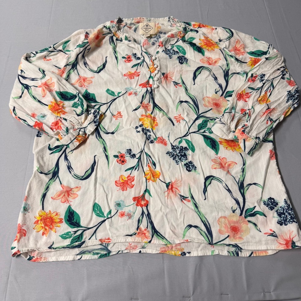 St Johns Bay Womens Floral Split Neck 3/4 Sleeve Cotton Rayon Blouse White Med